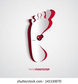 Red paper foot print with drawing pin isolated on white - vector
