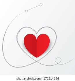 Red paper heart with arrow path. Valentines day card on white background. Cut from paper. Vector illustration
