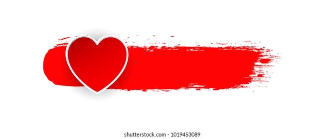 Red paper heart and brush stroke banner on a white background. Hand drawn isolated design element. Vector illustration.