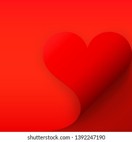 Red paper with heart curled corner and shadow, template for your design. Set. Vector illustration.