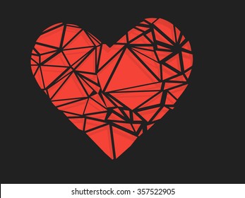 Red paper heart cut with scissors with shadows on black background. Vector illustration