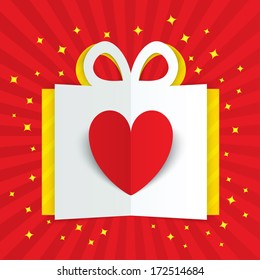 Red paper heart in gift box with yellow flare and stars. Valentines day card on red background. Cut from paper. Vector illustration