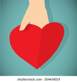 Red paper heart in hand flat icon. Greeting card with empty place for text. Color vector illustration. EPS8