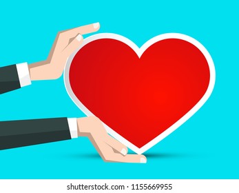 Red Paper Heart in Human Hands on Blue Background. Vector Retro Empty Greeting Card Illustration.