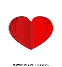 Red paper heart isolated on white. Symbol of love for Valentine’s day greeting card. Realistic 3d folded heart. Vector illustration.  Easy to edit template for your design projects.