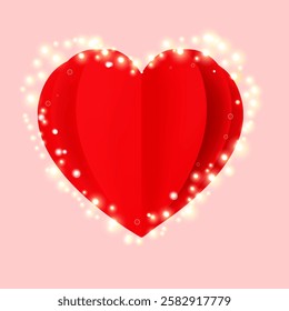 Red paper heart made with sparkles or glitter, love symbol isolated on pink background. 3D vector holiday element