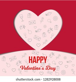 red paper heart on a background with elements of valentine's day on a pink background
