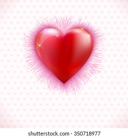Red paper heart on white ornate background. Valentines day card template