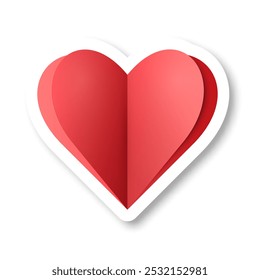 A red paper heart with a shadow on a white background. Cartoon heart sticker. The concept of February 14th. Vector illustration.