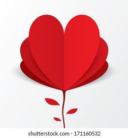 Red paper heart Valentines day card on white background. Flower concept. Cut from paper. Vector illustration