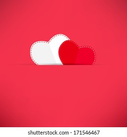 Red paper heart Valentines day card with sign on Icon love background 