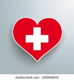 Red paper heart with white cross on the gray background. Eps 10 vector file.