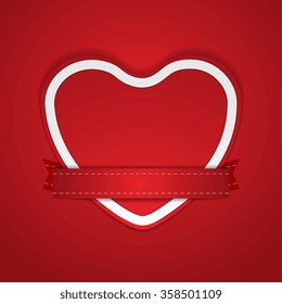 Red paper heart with white frame and tape ribbon. Valentine Day vector background. Greeting card illustration