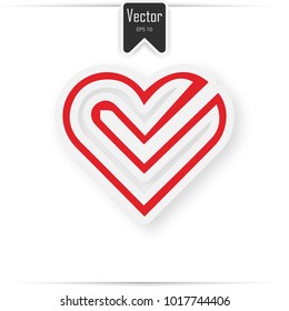 Red paper heart with white tick on the white background with a shadow. Eps 10 vector file.