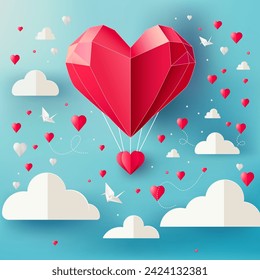 Red paper hearts with clouds and paper cranes on blue sky background. St. Valentine's day paper craft design. Happy Valentine's Day origami concept. Love Invitation Valentine's Day card balloon heart