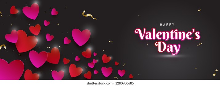 Red paper hearts decorated header or banner design for Happy Valentine's Day celebration.