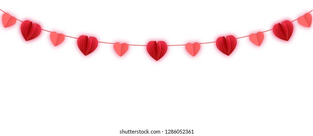 Red Paper hearts garland border. Vector paper cut isolated on white. Hanging Love Valentines hearts. Great for decoration of Valentine and Mothers day cards, wedding invitations, part