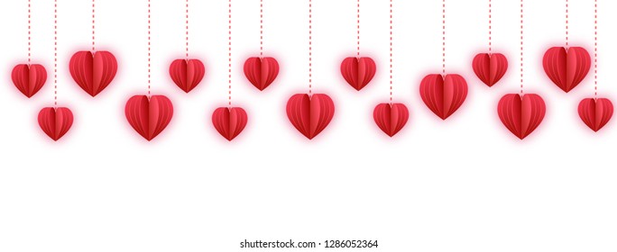 Red Paper hearts garland border. Vector paper cut isolated on white. Hanging Love Valentines hearts. Great for decoration of Valentine and Mothers day cards, wedding invitations, part