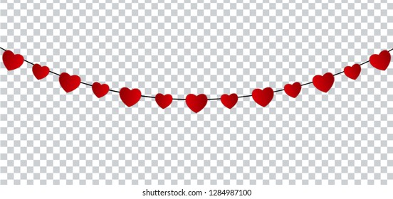 Red Paper hearts garland for Valentines Day Card. Vector Illustration. EPS10