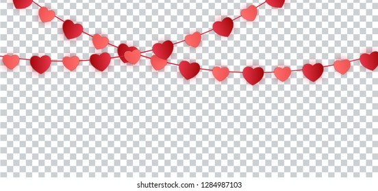 Red Paper Hearts Garland For Valentines Day Card. Vector Illustration. EPS10