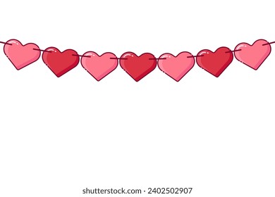 Red Paper hearts garland for Valentines Day Card. Vector Illustration.