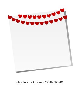 Red paper hearts on a string decoration party pendants for the birthday celebration, festival and fair decoration on white reminder sticker. Vector illustration elements.