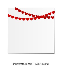 Red paper hearts on a string decoration party pendants for the birthday celebration, festival and fair decoration on white reminder sticker. Vector illustration elements.