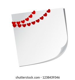 Red paper hearts on a string decoration party pendants for the birthday celebration, festival and fair decoration on white reminder sticker. Vector illustration elements.