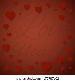 Red paper hearts on red textured background. Valentines day greeting card. Vector illustration