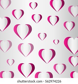 Red paper hearts pattern. Valentines day card on white background.