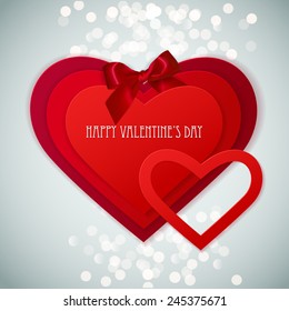 Red paper Hearts Sticker with Bow. Valentine's day banner. Greeting card. Vector illustration 