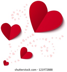 Red paper hearts Valentines day card on white background