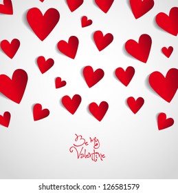 Red paper hearts Valentines day card on white background