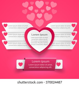 Red paper hearts Valentines day. Infographic design on the pink background.