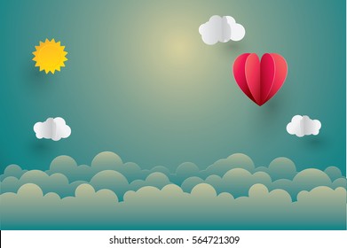 Red paper hearts Valentines day card.origami style.