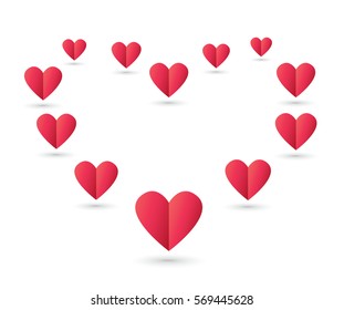 Red paper hearts Valentine's day card. origami style. 