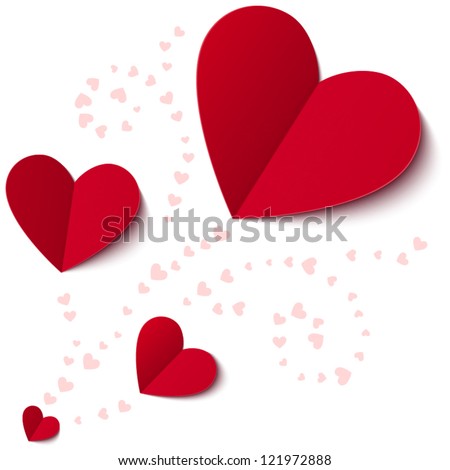 Red paper hearts Valentines day card on white background