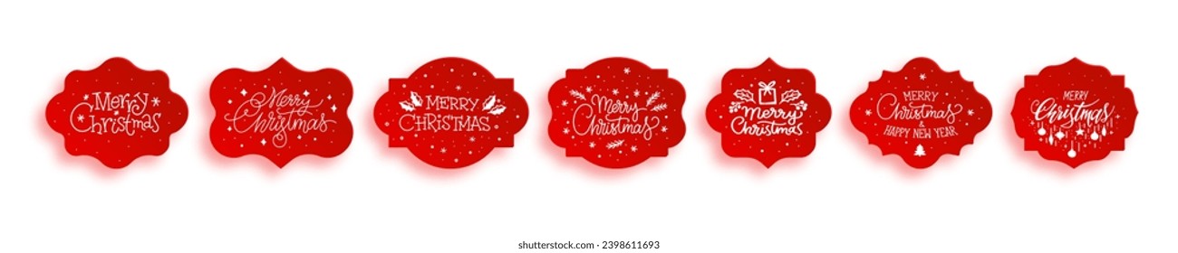 Red paper labels Merry Christmas and Happy New Year on white background. 3D tags with greeting text. Congratulation stickers. Ornate elegant badge templates. Vintage frame Victorian border shapes set