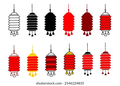 Red paper lantern icon collection. Rectangular lamp with tassels, different styles. Simple clipart. Lantern festival, Chinese, Lunar New Year, festival holidays. Asian, oriental, design art elements