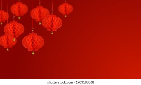 Red Paper Lanterns Composition with bokeh effect. Eco frendly holiday decorations