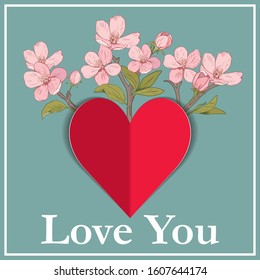 Red paper love heart with hand drawn flowers