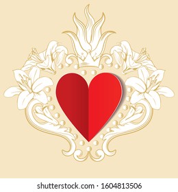 Red paper love heart with ornamental floral decoration