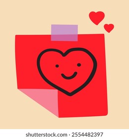 Red paper note with smiling cute heart. Design for St. Valentine's day. Illustration. Vector design.