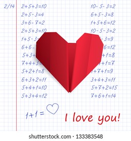 Red Paper Origami Heart In Exercise Book On Mathematics With The Words I Love You