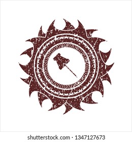 Red paper pin icon inside distressed grunge stamp