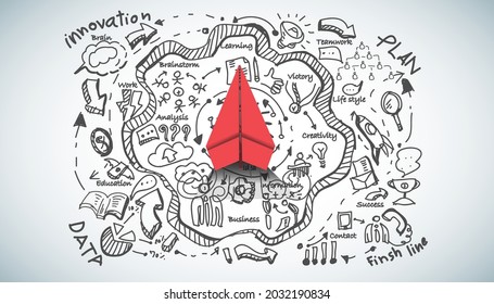 red paper plane and business strategy on white background plan, business success,idea and concept creativity illustration business  innovation technology modern. 