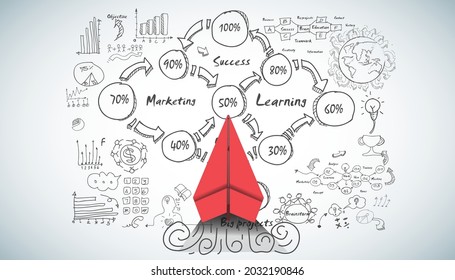red paper plane and business strategy on white background plan, business success,idea and concept creativity illustration business  innovation technology modern. 