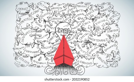 red paper plane and business strategy on white background plan, business success,idea and concept creativity illustration business  innovation technology modern. 