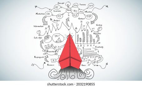plano de papel rojo y estrategia de negocio sobre el plan de fondo blanco, éxito empresarial, idea y concepto creativa ilustración de la innovación empresarial tecnología moderna. 