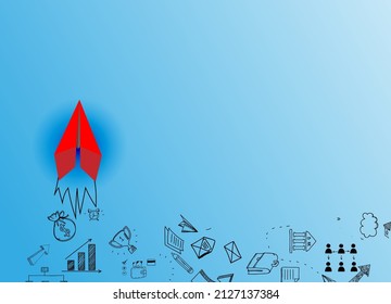 Red paper plane and business strategy on blue background, Business success, innovation and solution concept, copy space
